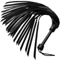Strict Leather premium black soft leather flogger with a braided handle and long, flowing strips.