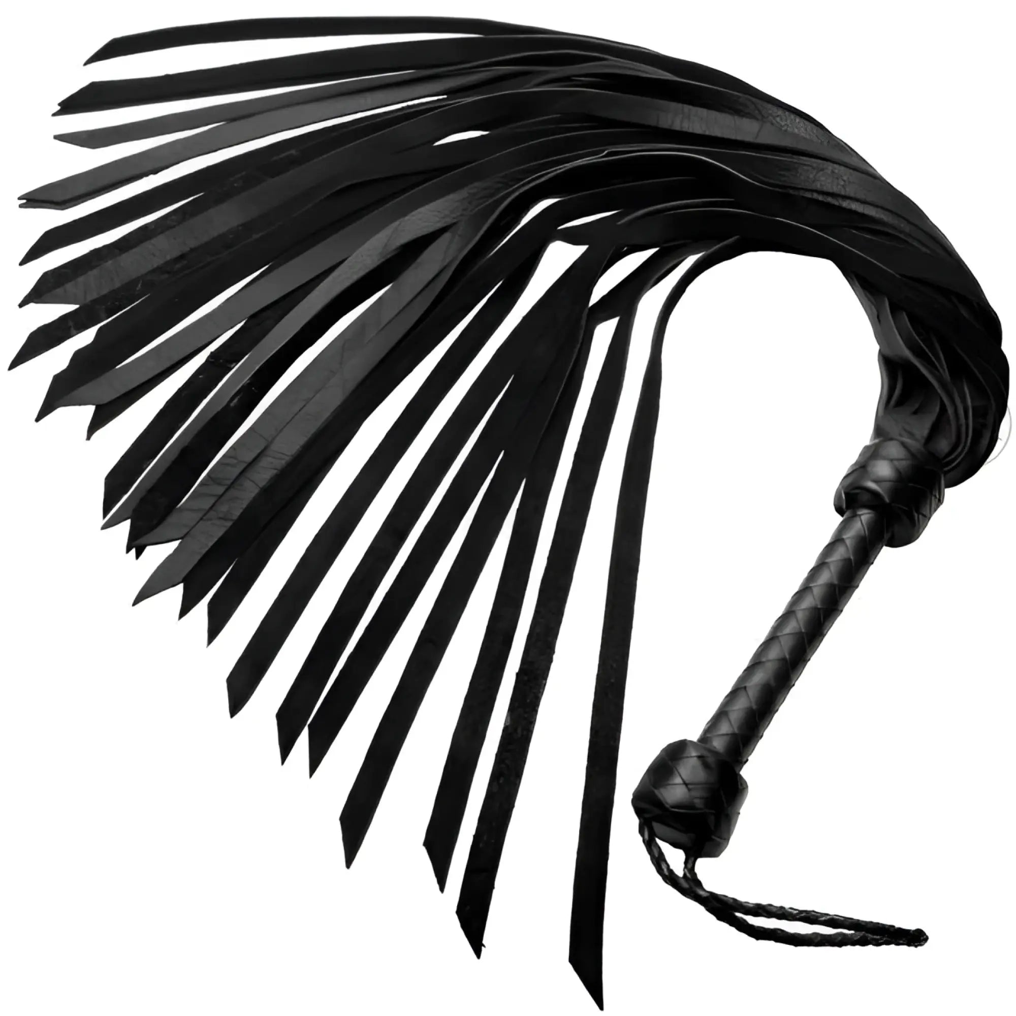 Strict Leather premium black soft leather flogger with a braided handle and long, flowing strips.