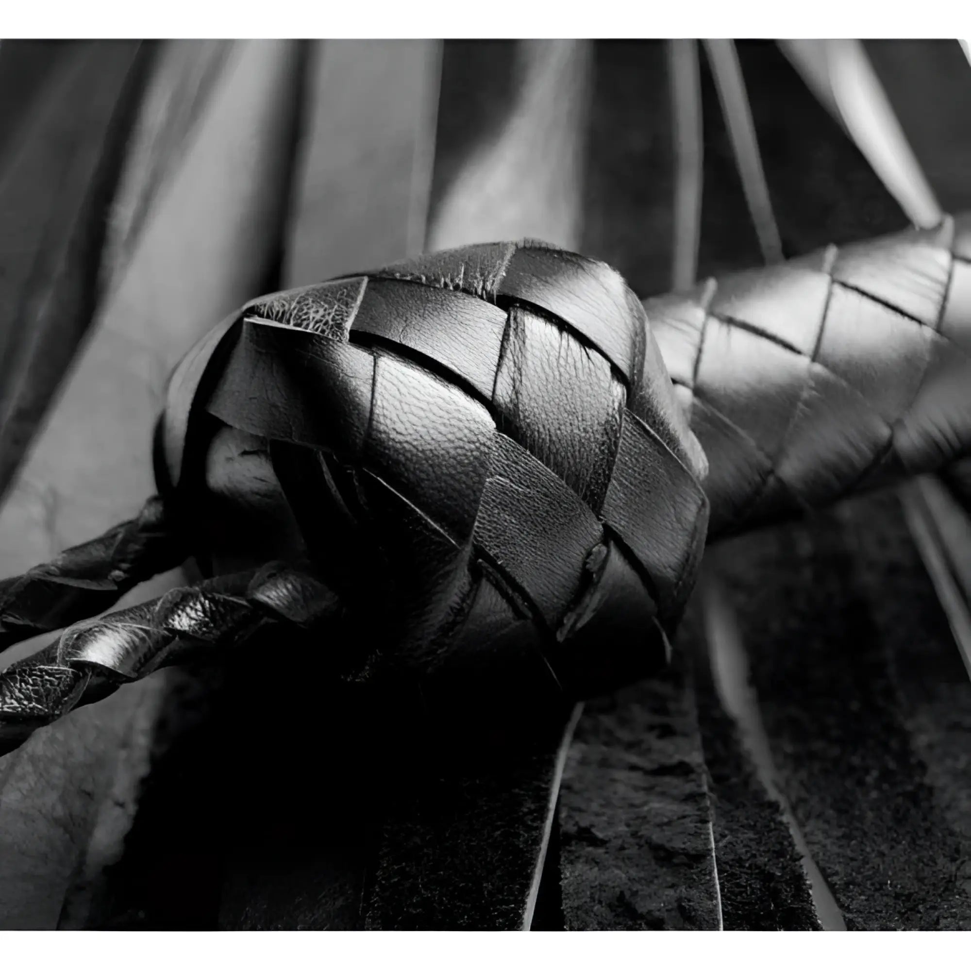 Strict Leather Premium Soft Leather Flogger: A close-up of a black, hand-braided leather handle and dangling fringe.