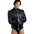 A man wearing a black Strict Leather premium leather straitjacket with long sleeves and a buckled strap closure.
