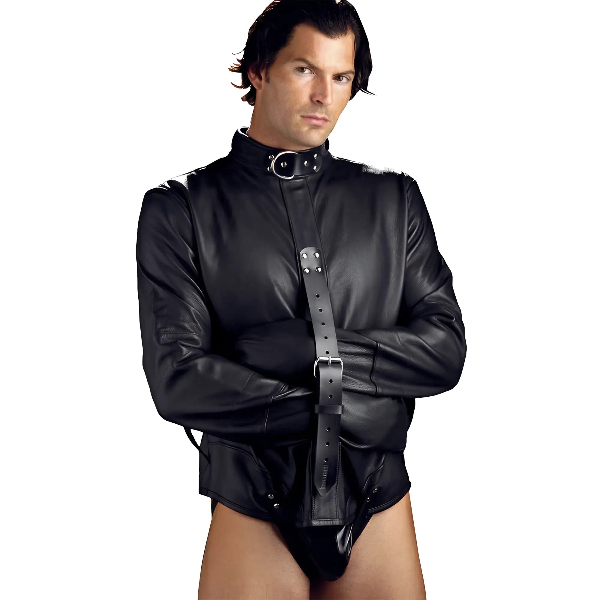A man wearing a black Strict Leather premium leather straitjacket with long sleeves and a buckled strap closure.