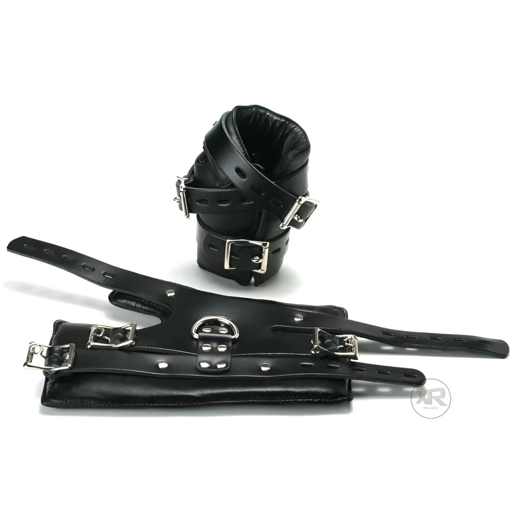 Strict Leather Premium Suspension Wrist Cuffs: A pair of black padded leather wrist restraints with silver metal buckles.