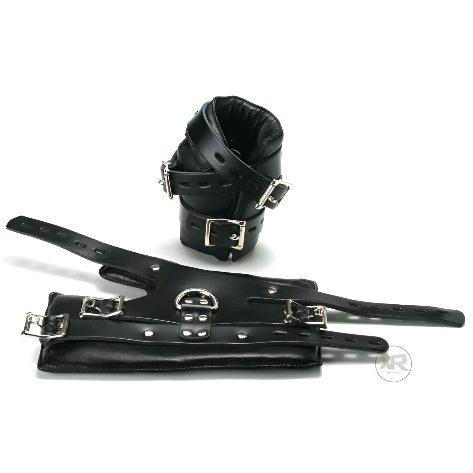 Strict Leather Premium Suspension Wrist Cuffs: A pair of black padded leather wrist restraints with silver metal buckles.