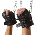 Strict Leather Premium Suspension Wrist Cuffs: two black leather cuffs with silver buckles, attached to hanging chains.