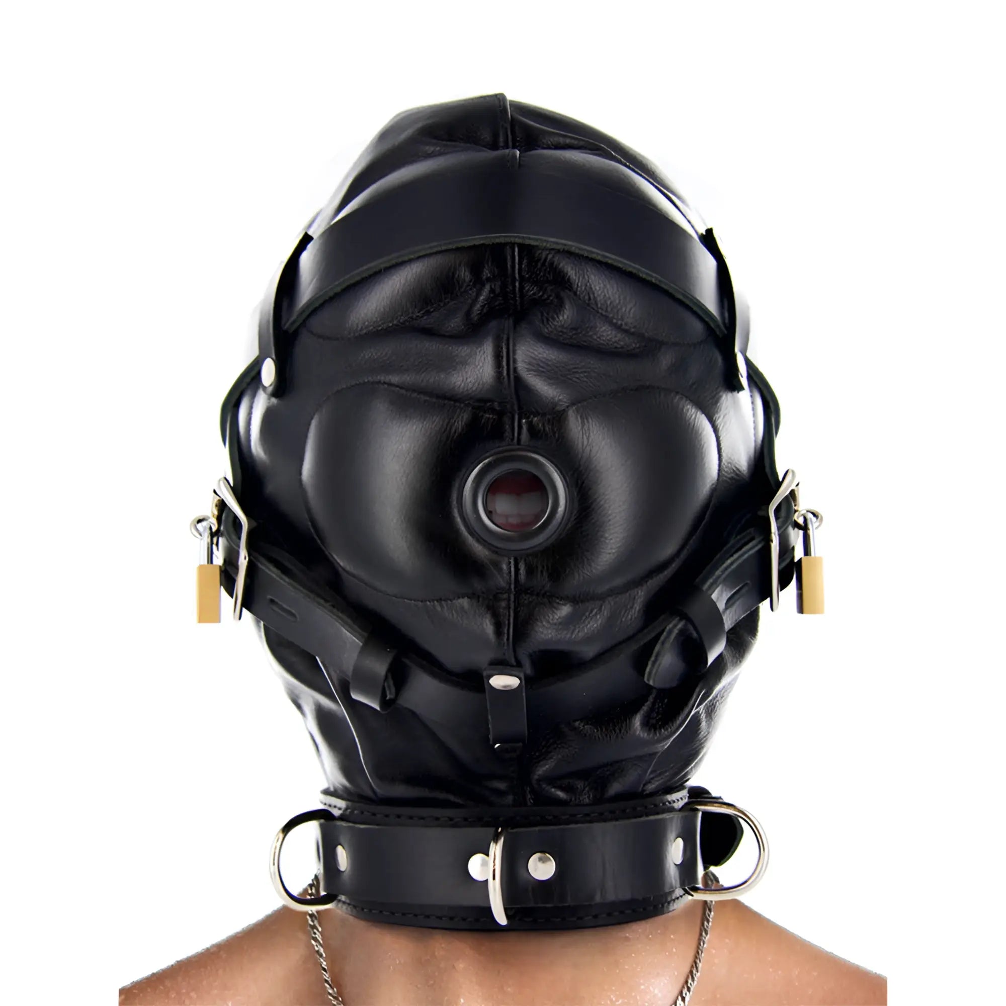 Strict Leather black leather sensory deprivation hood with padlocks, straps, and an open mouth piece on a person.