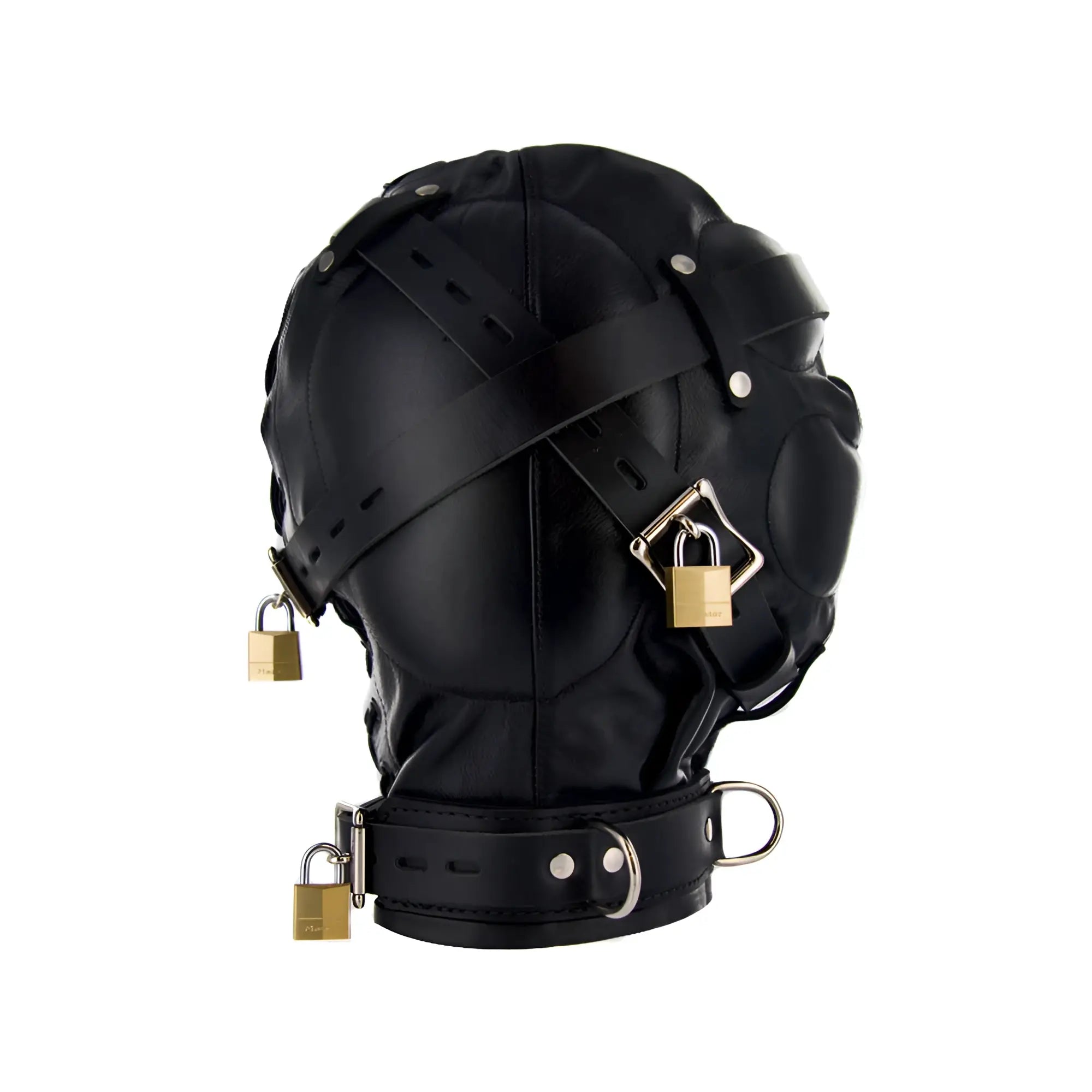 Strict Leather black premium sensory deprivation hood with buckled straps, D-rings, and brass padlocks on white background.