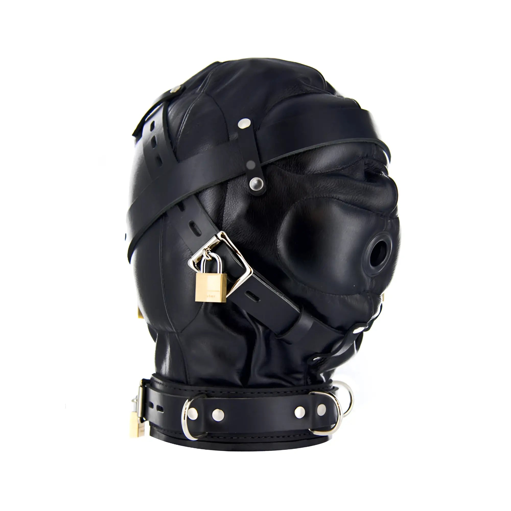 Strict Leather black premium sensory deprivation hood with straps, metal hardware, and a locking buckle on a white background.