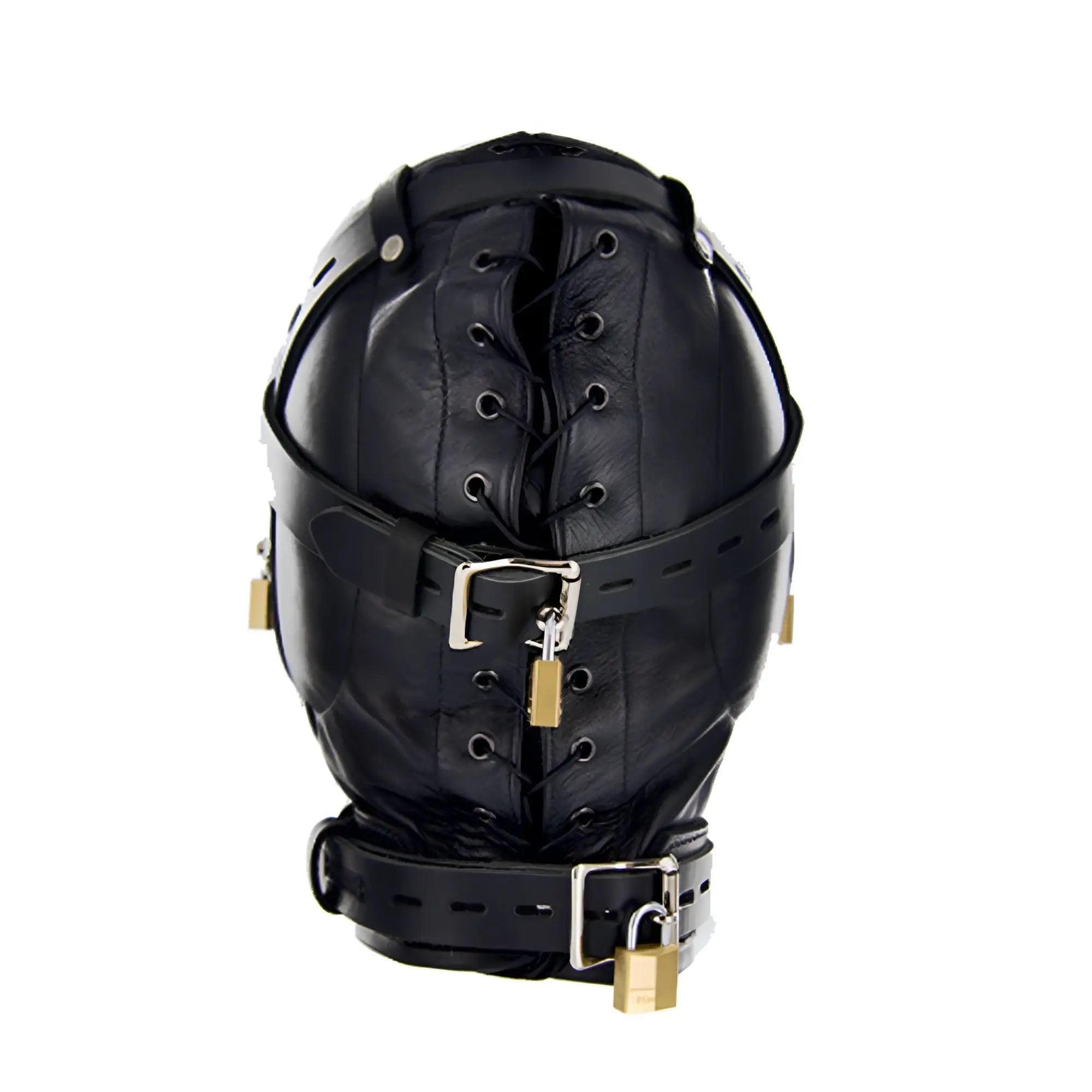Strict Leather sensory deprivation hood in black leather with lace-up back, adjustable buckled straps, and gold padlocks.