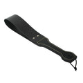 Strict Leather punishment strap, black leather with a looped end, stitched handle, and silver rivets on white background.