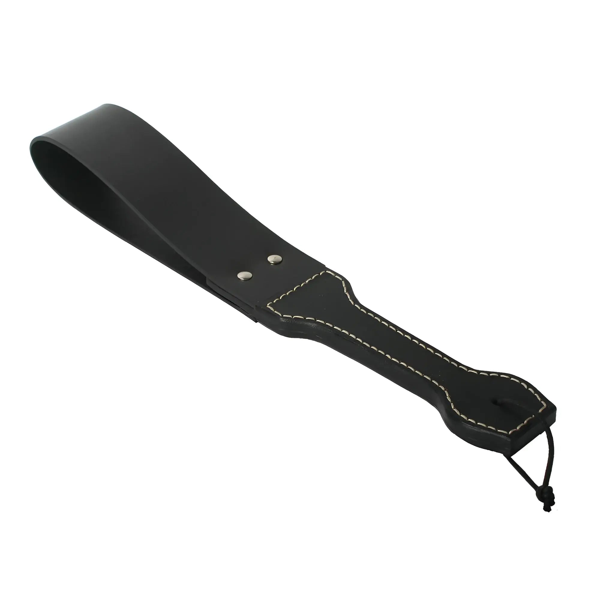 Strict Leather punishment strap, black leather with a looped end, stitched handle, and silver rivets on white background.