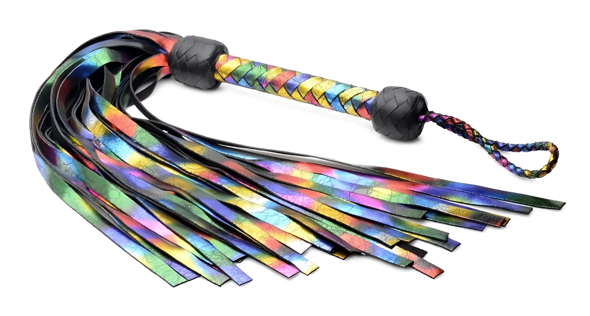 Strict Leather Rainbow Flogger with iridescent multi-colored leather strands and a braided metallic rainbow handle.