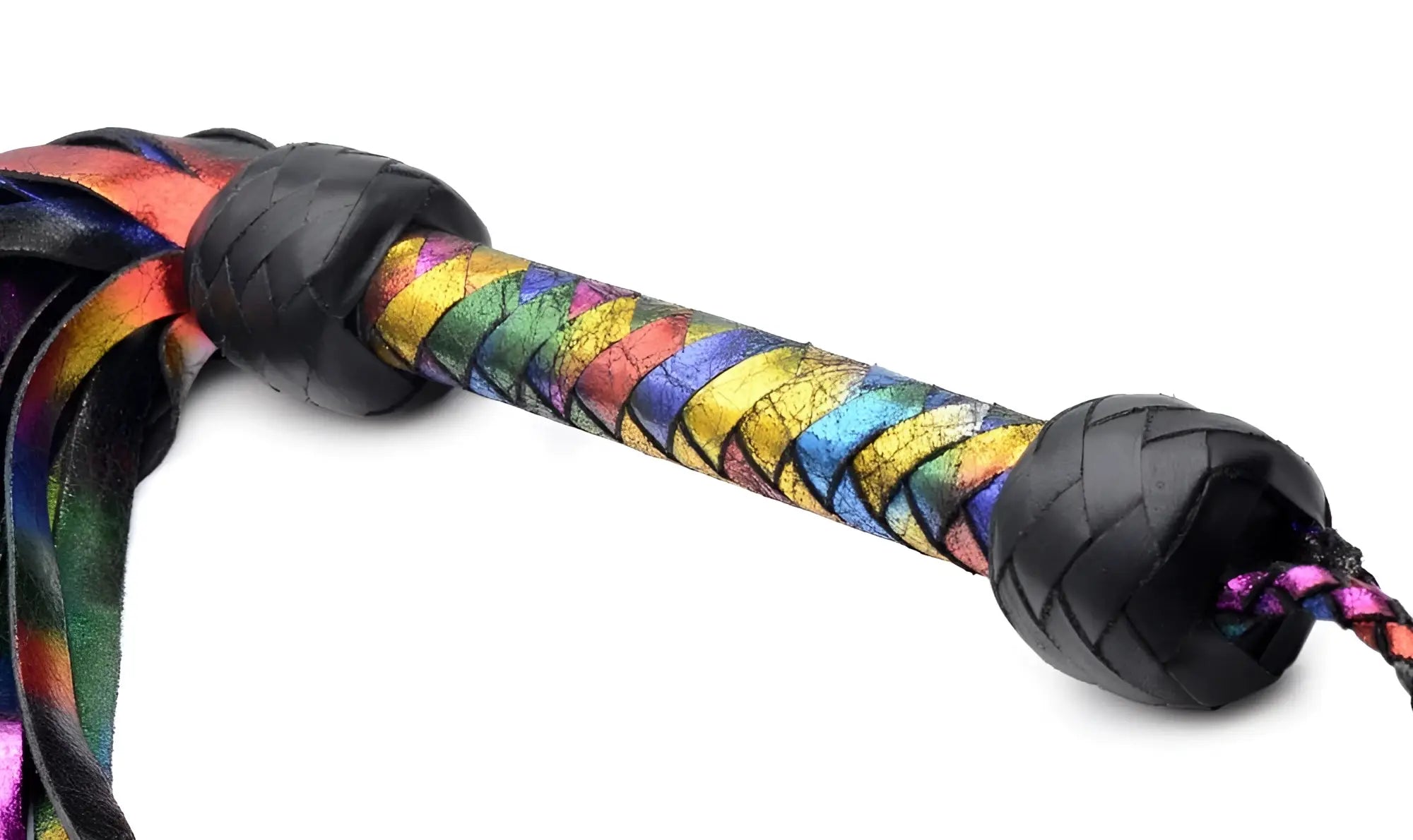 Strict Leather Rainbow Flogger with a metallic, multi-colored braided handle and black leather knots on white.