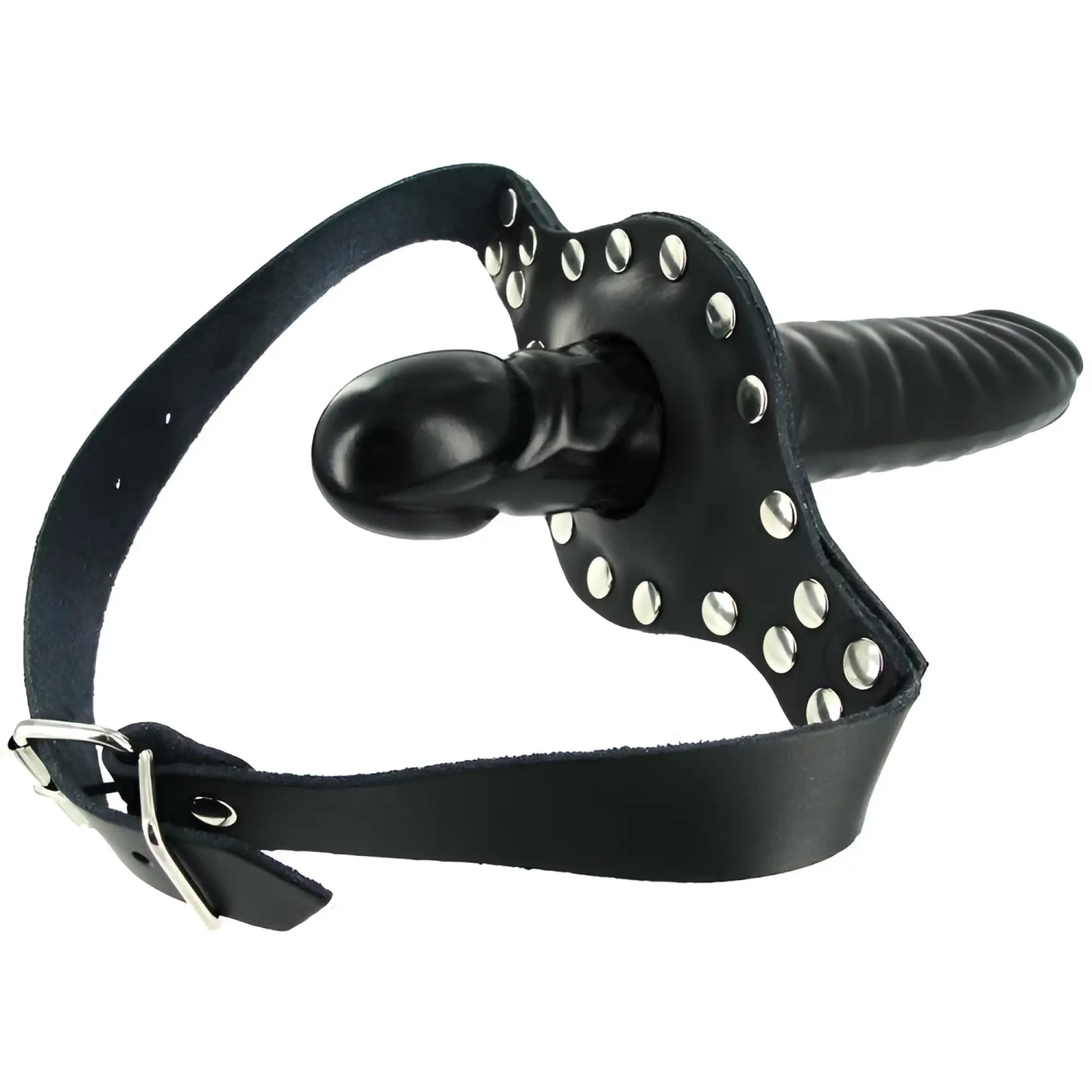 Strict Leather The Ride Me double dildo mouth gag with black leather strap, silver studs, and a black phallic insert.