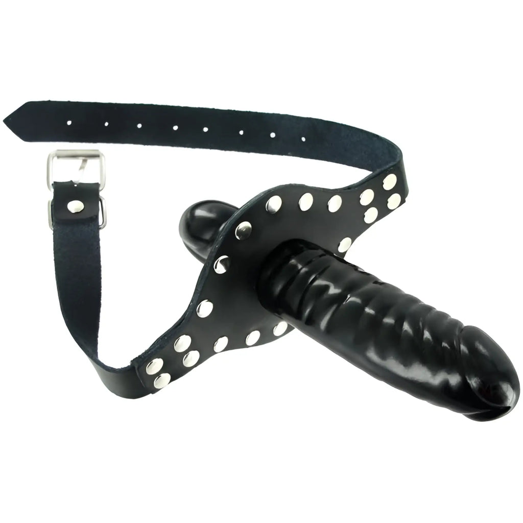 Strict Leather The Ride Me double dildo mouth gag with a black leather buckled strap and silver studs.