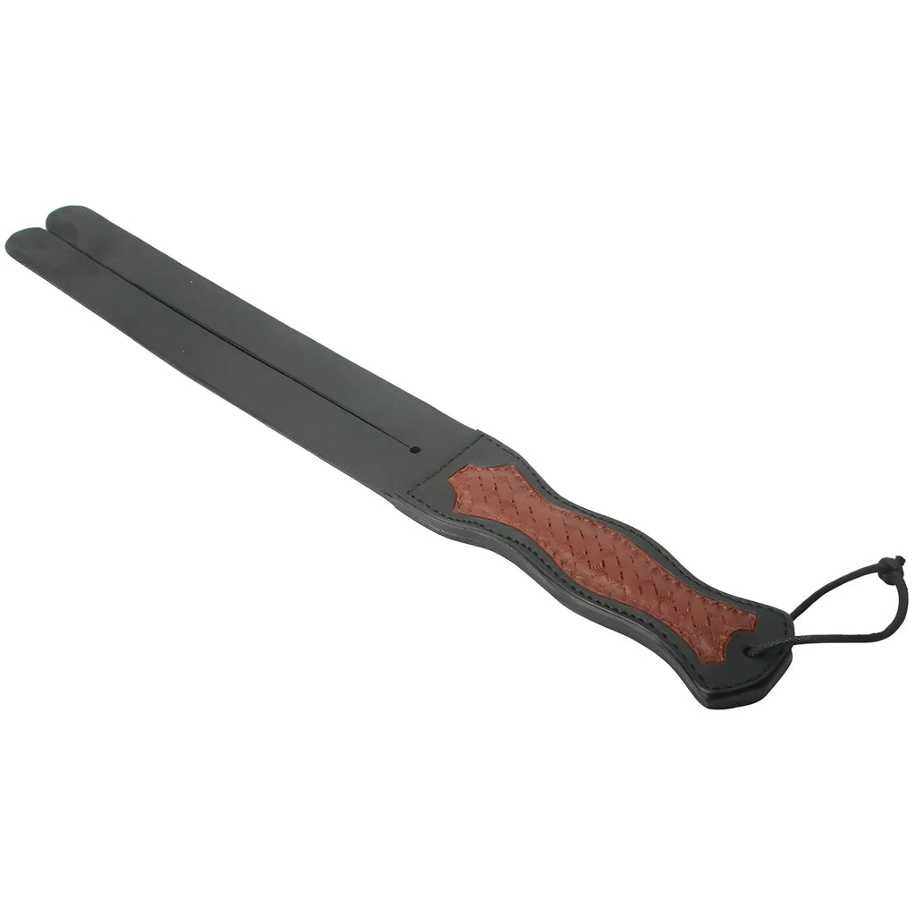 Strict Leather Scottish Tawse with dual black leather tails and a contoured, textured brown leather handle with loop.