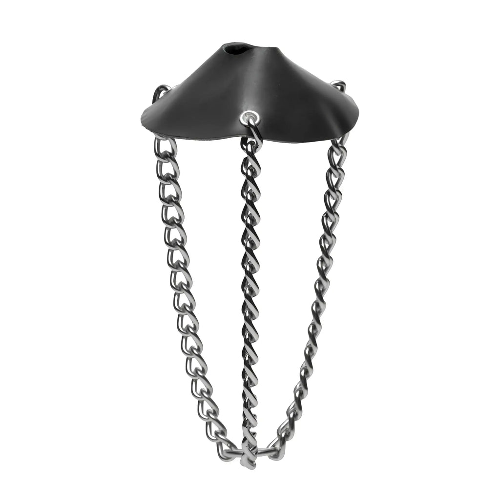 Strict Leather Scrotum Stretching Kit: black leather cone with silver metal eyelets and three dangling chrome chains.
