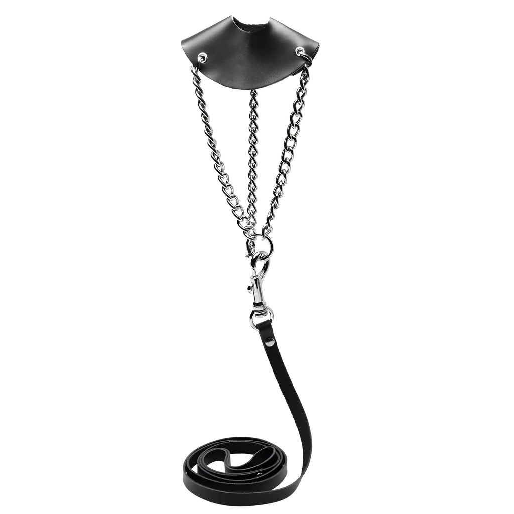 Strict Leather Scrotum Stretching Kit: black leather scrotal collar connected by silver chains to a matching leash.