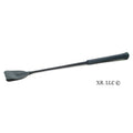 Black leather riding crop with short handle wide flat slightly curved head and textured grip for equestrian use