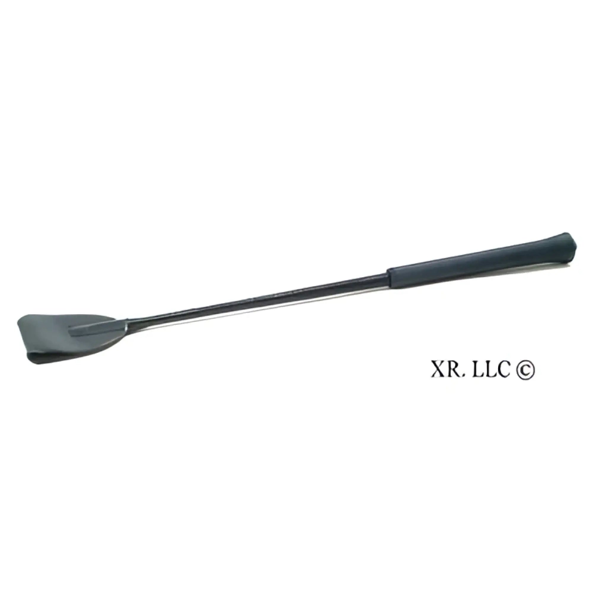 Black leather riding crop with short handle wide flat slightly curved head and textured grip for equestrian use