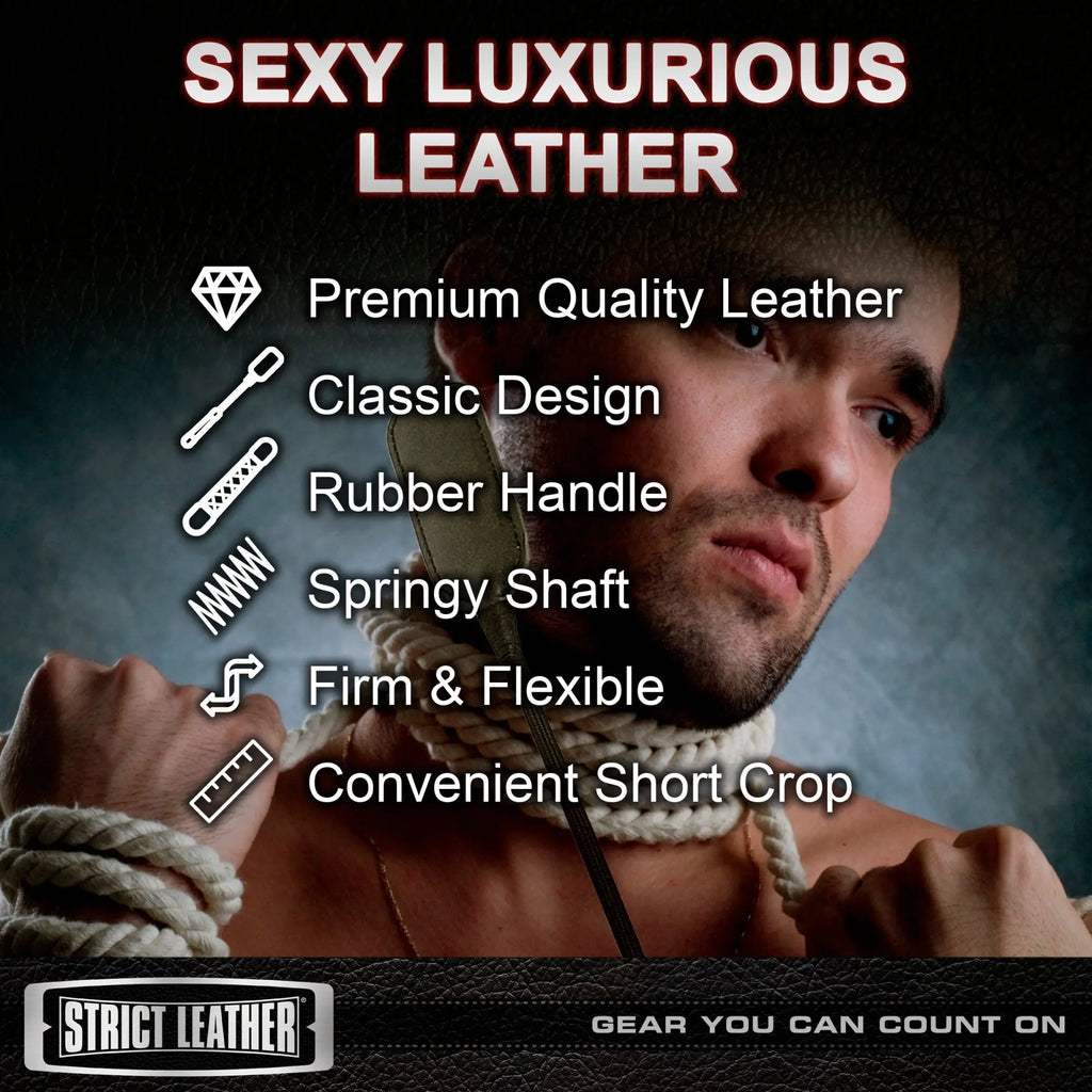Strict Leather Short Riding Crop with a black leather design, rubber handle, and flexible shaft.