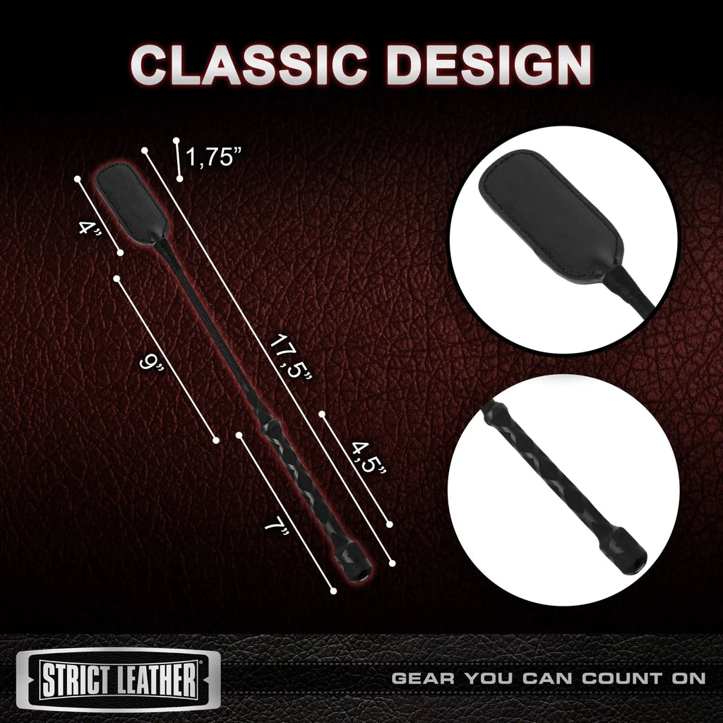 Strict Leather Short Riding Crop in black with dimensional labels on a red textured background.