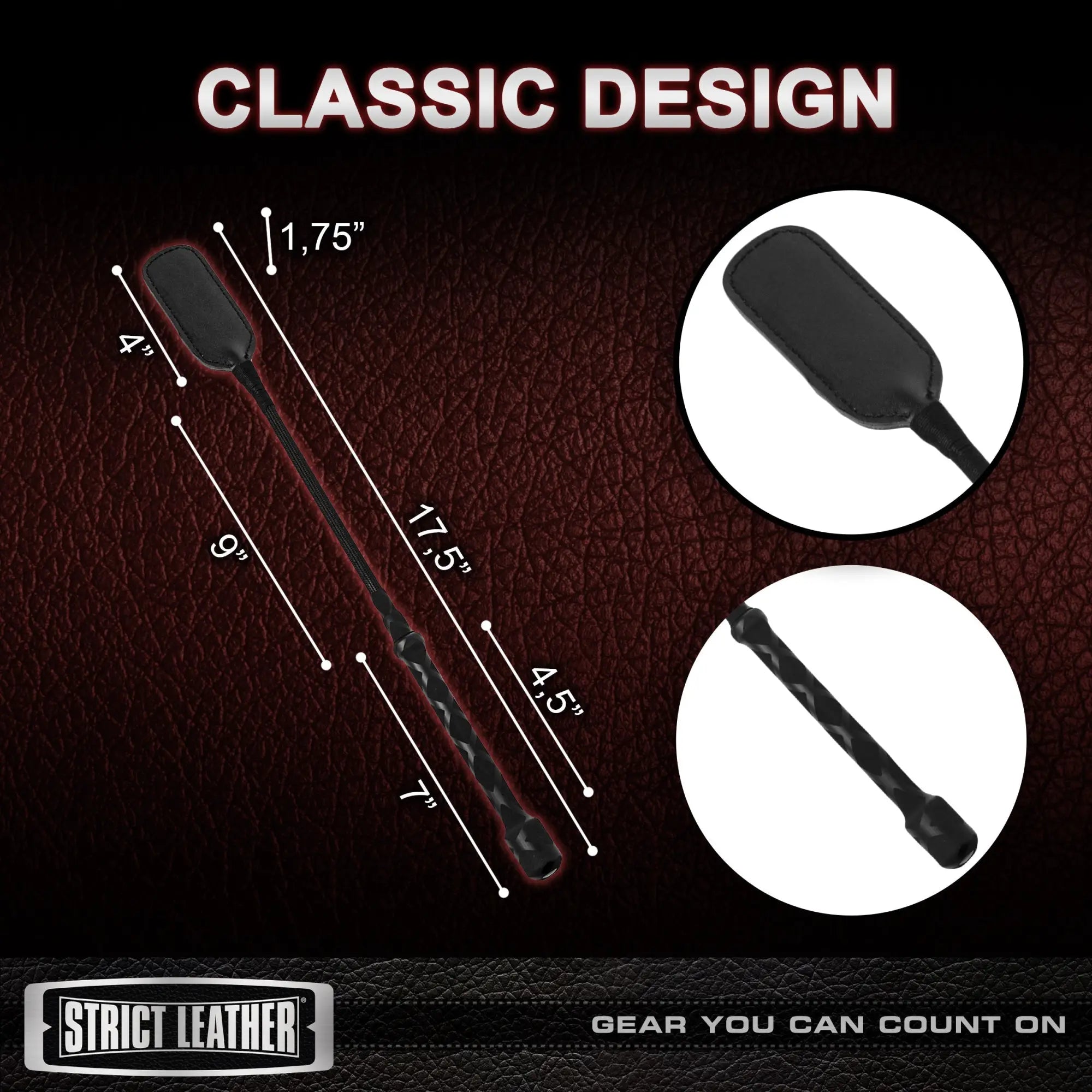 Strict Leather Short Riding Crop in black with dimensional labels on a red textured background.
