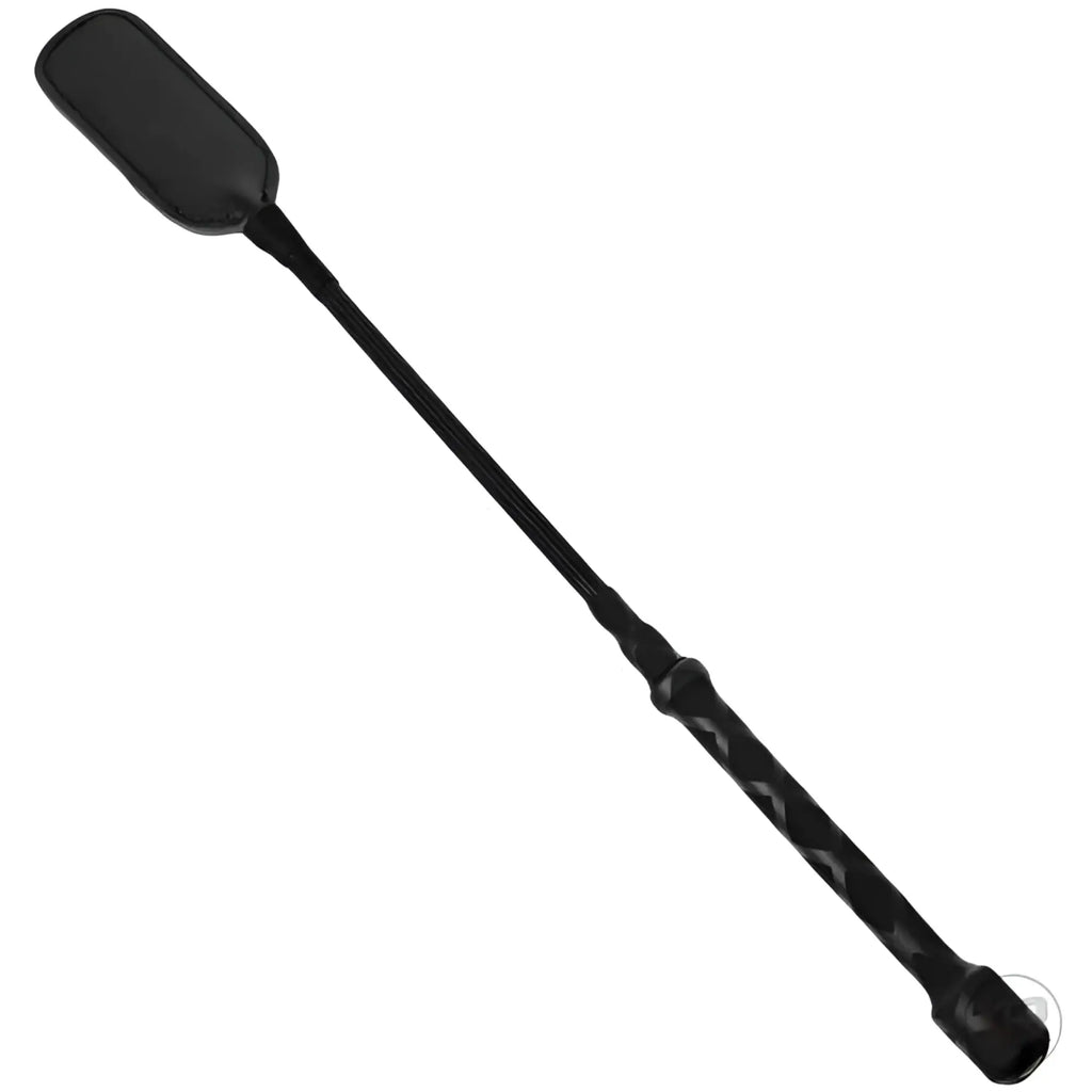 Strict Leather short riding crop in all black, featuring a flat paddle end and a textured, ergonomic grip handle.