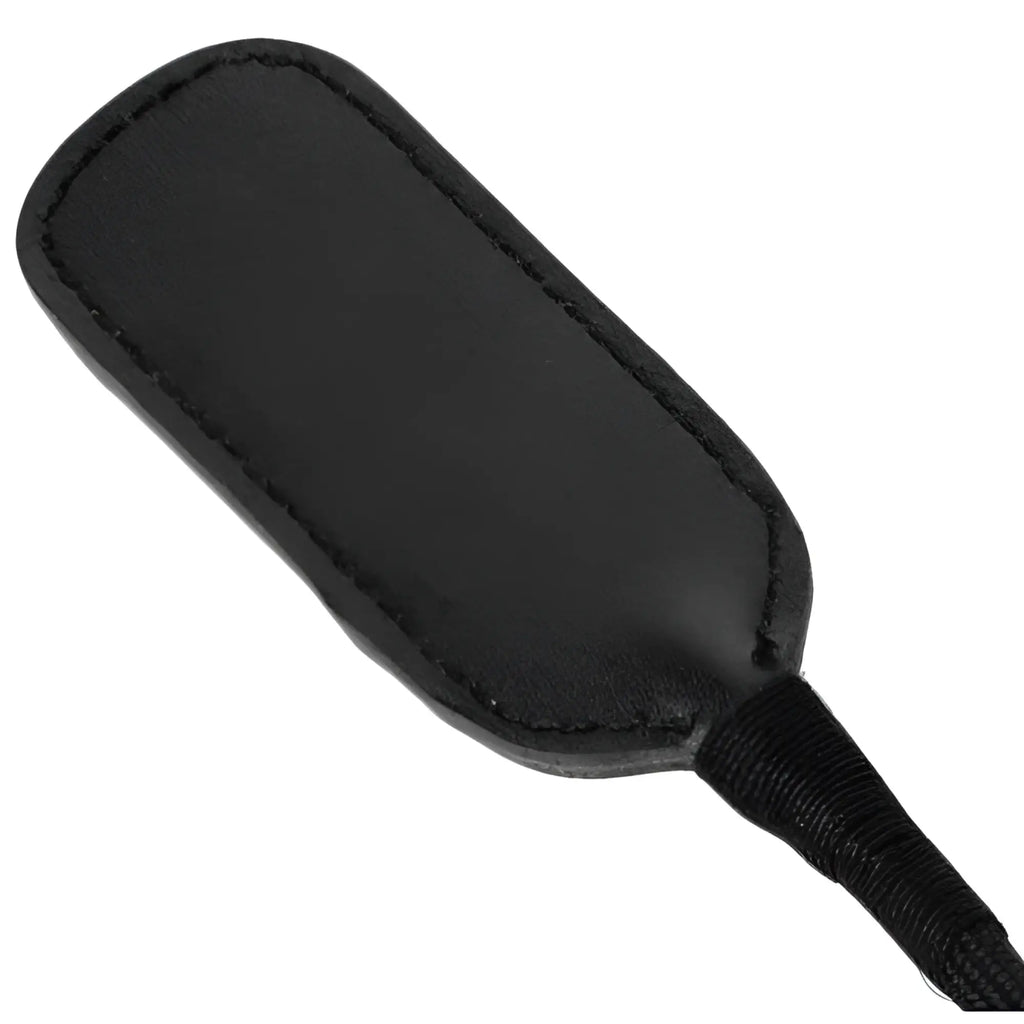 Strict Leather short riding crop featuring a wide, flat black leather paddle attached to a wrapped handle.