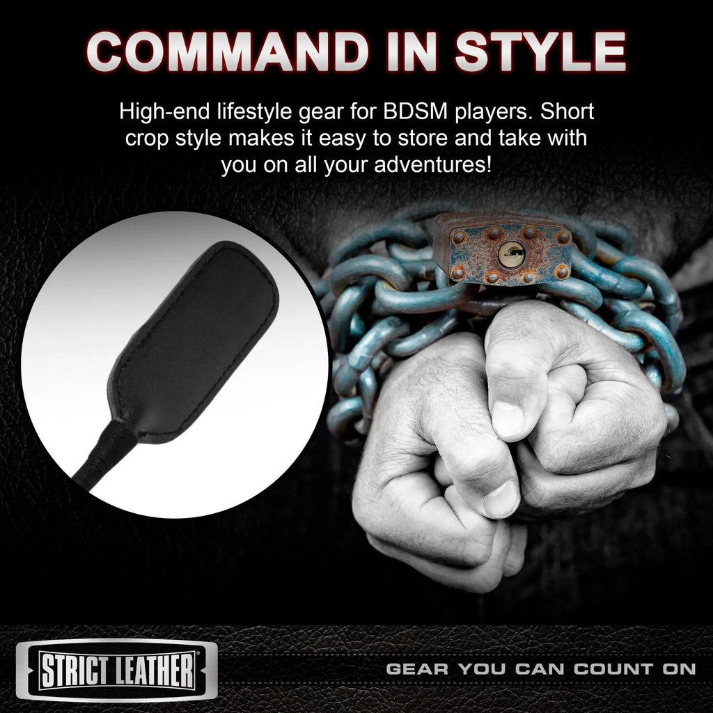 Strict Leather short black riding crop shown in a circular inset next to shackled fists.