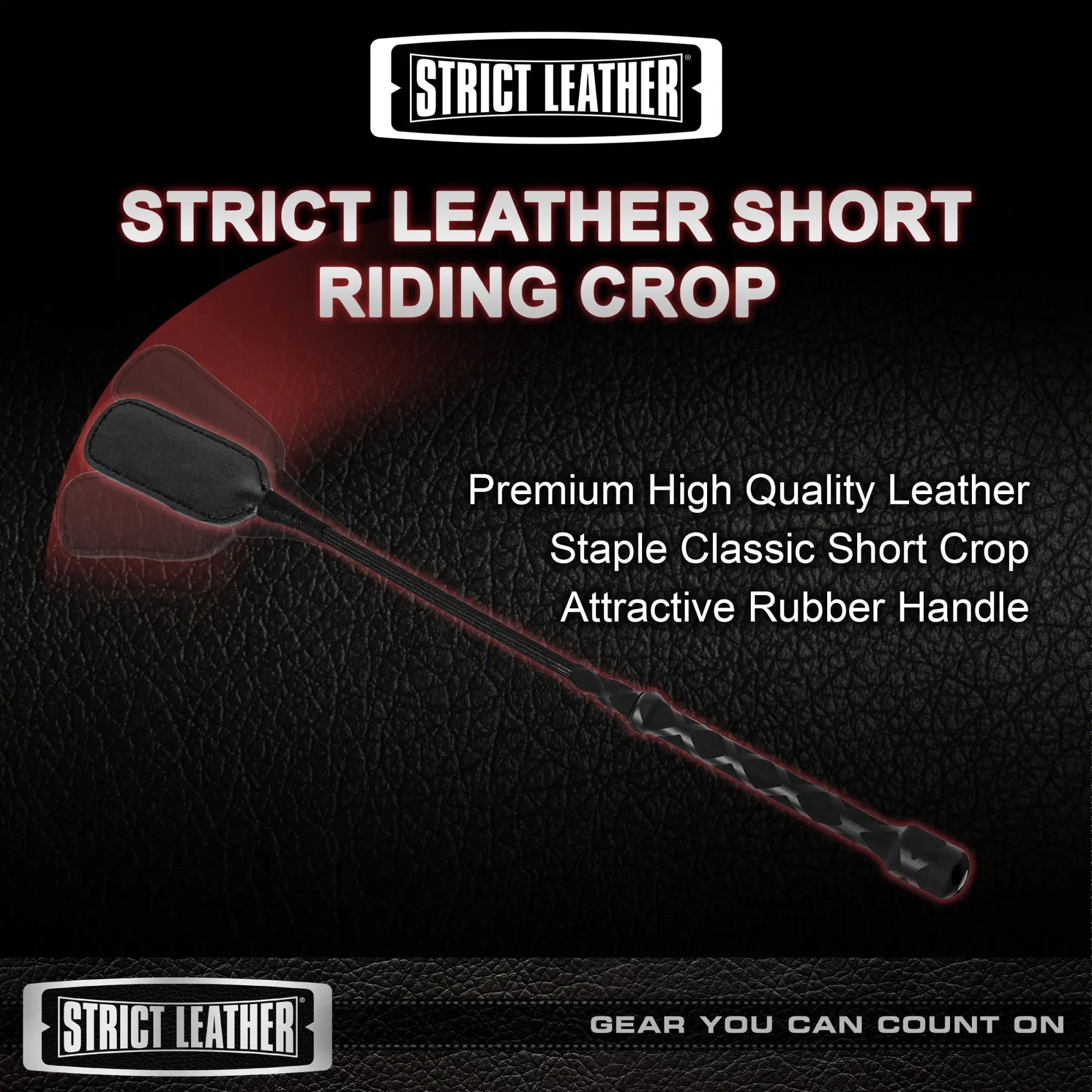 Strict Leather Short Riding Crop in black, featuring a textured rubber handle and flat leather end on a black background.