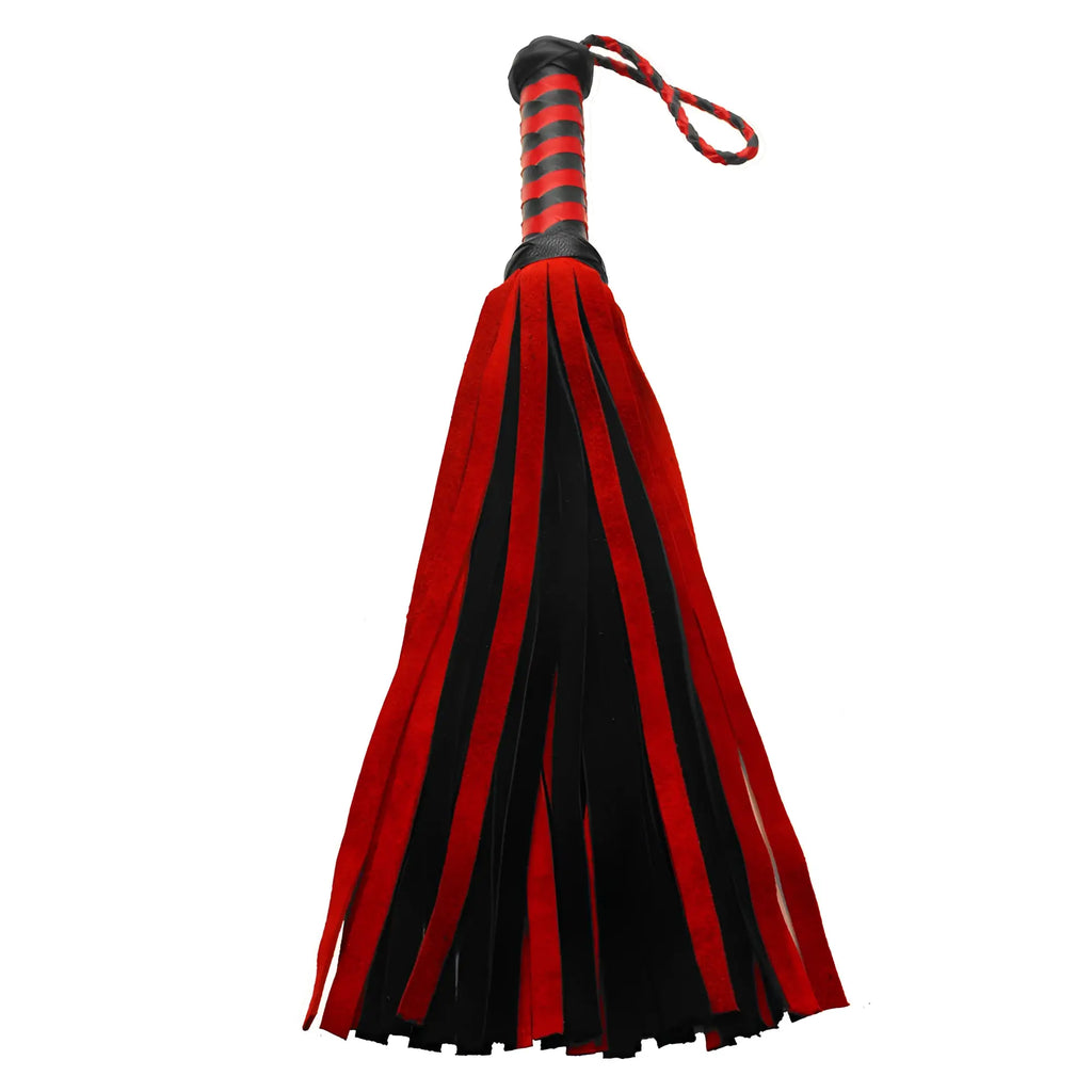 Strict Leather short suede flogger with a black and red striped handle and alternating red and black suede tails.