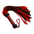 Strict Leather short suede flogger with a black and red braided handle and matching multi-strand red and black tails.