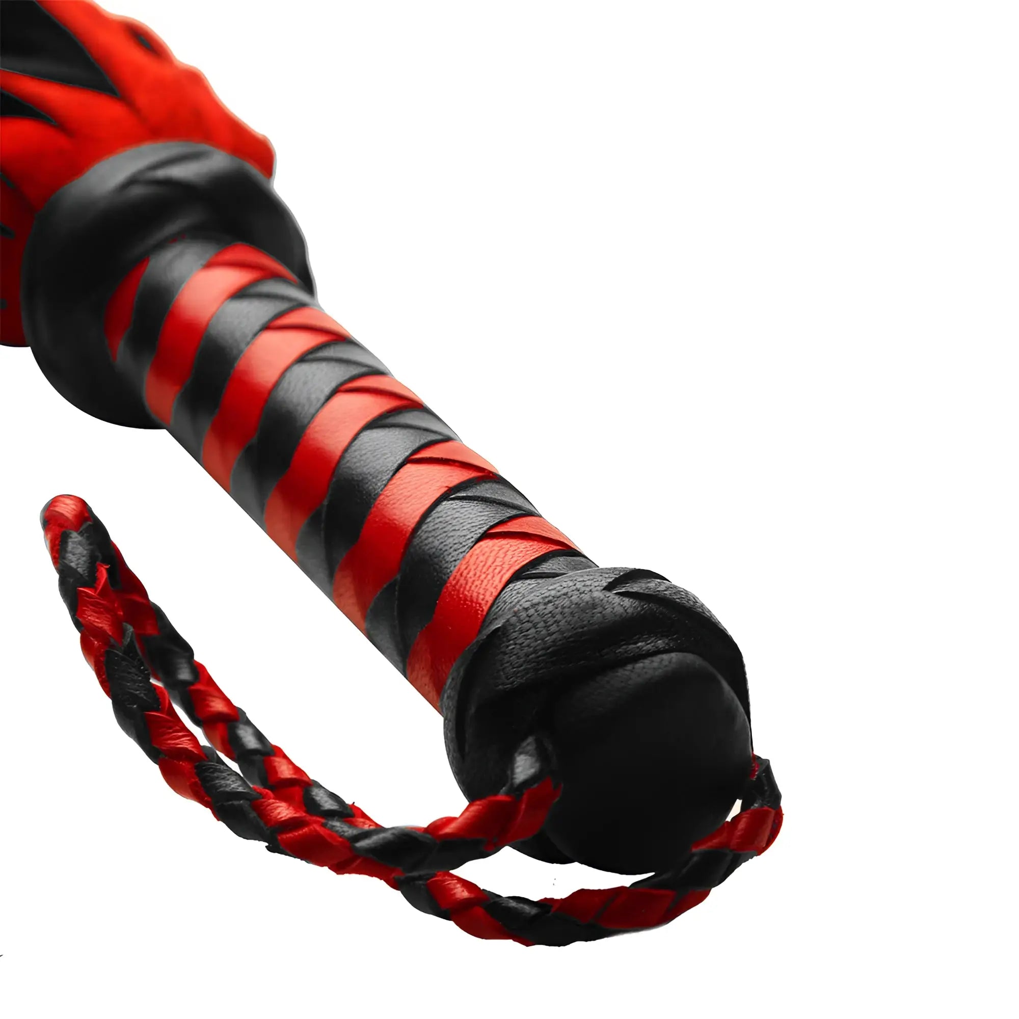 Strict Leather Short Suede Flogger with a red and black braided handle and matching wrist loop against a white background.