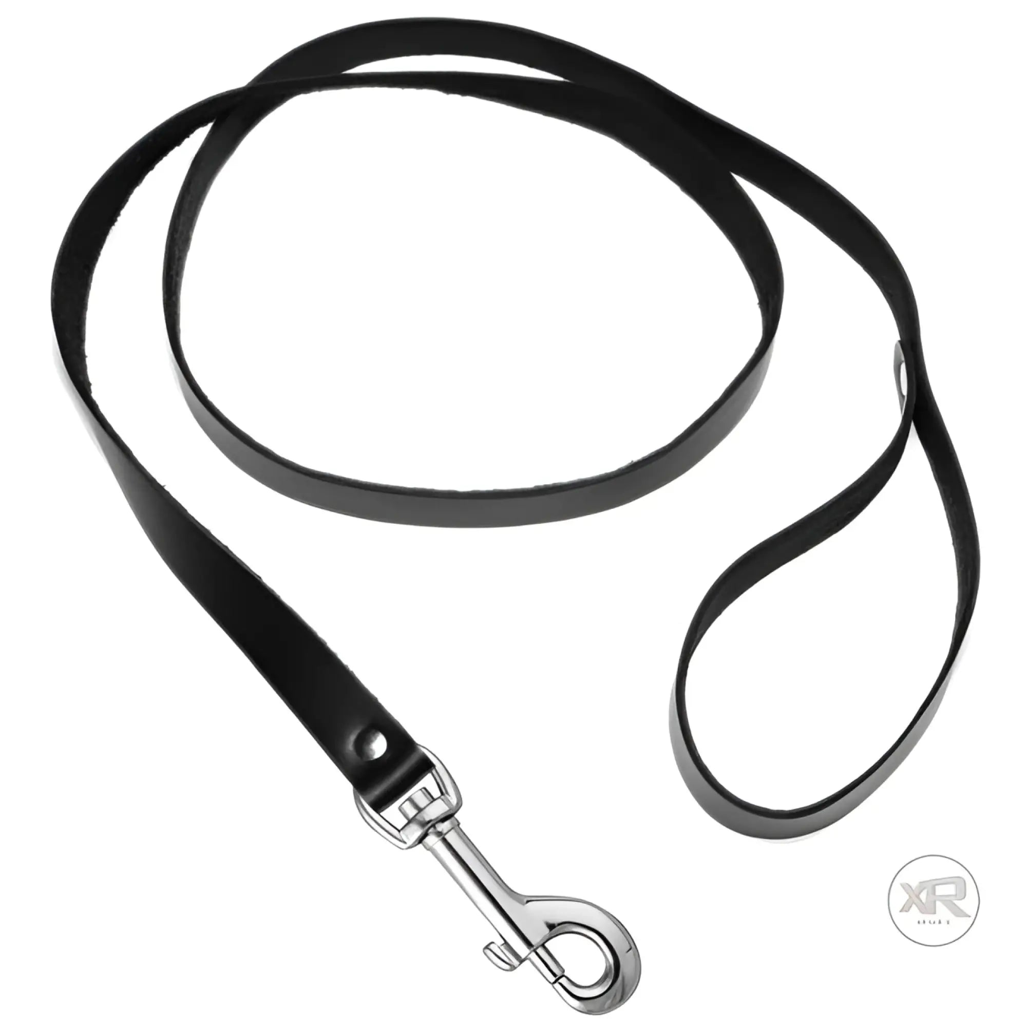Strict Leather Sick Puppy black leather leash with a silver-tone metal swivel snap hook on a white background.