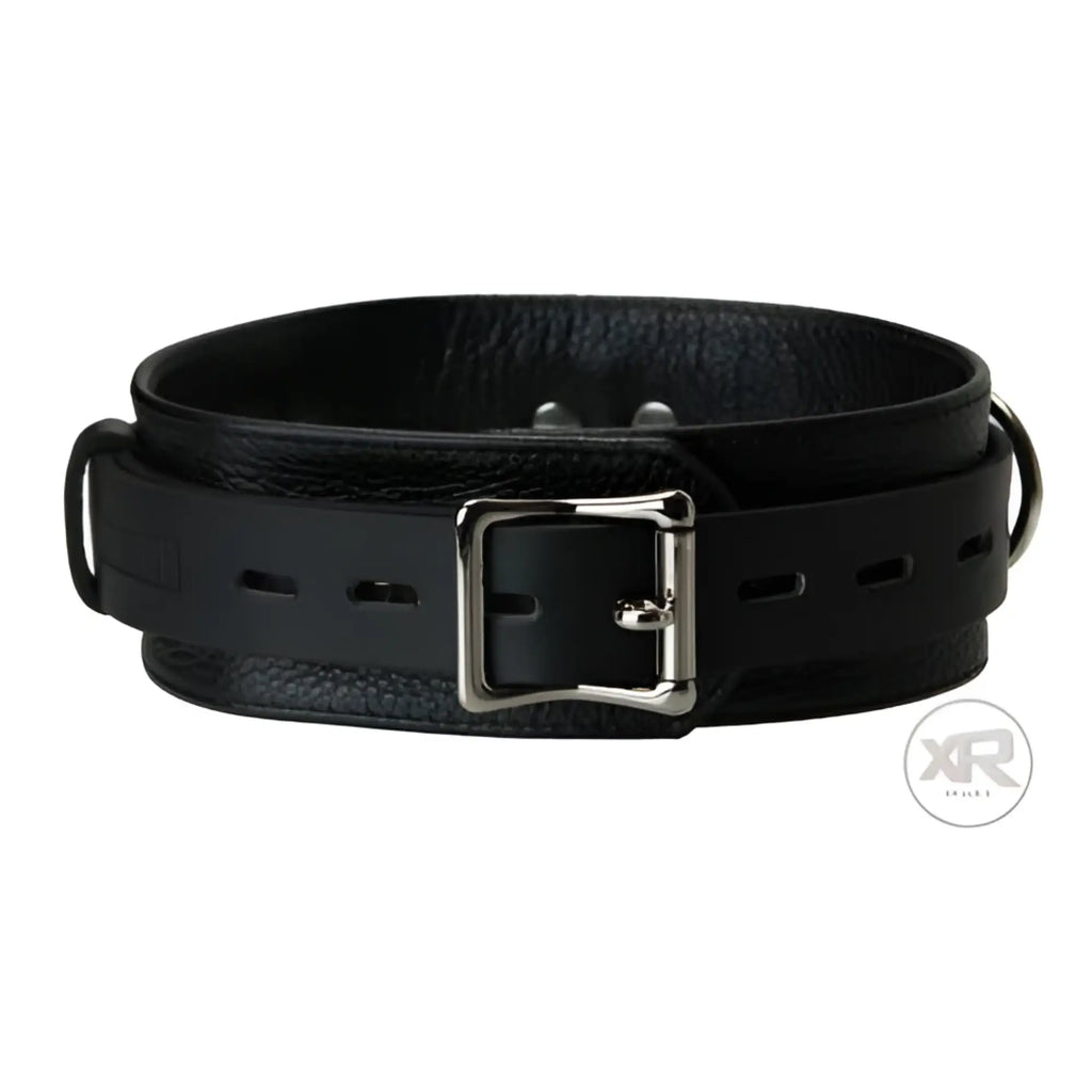 Strict Leather Sick Puppy black leather collar with a silver buckle, textured finish, and adjustable strap.
