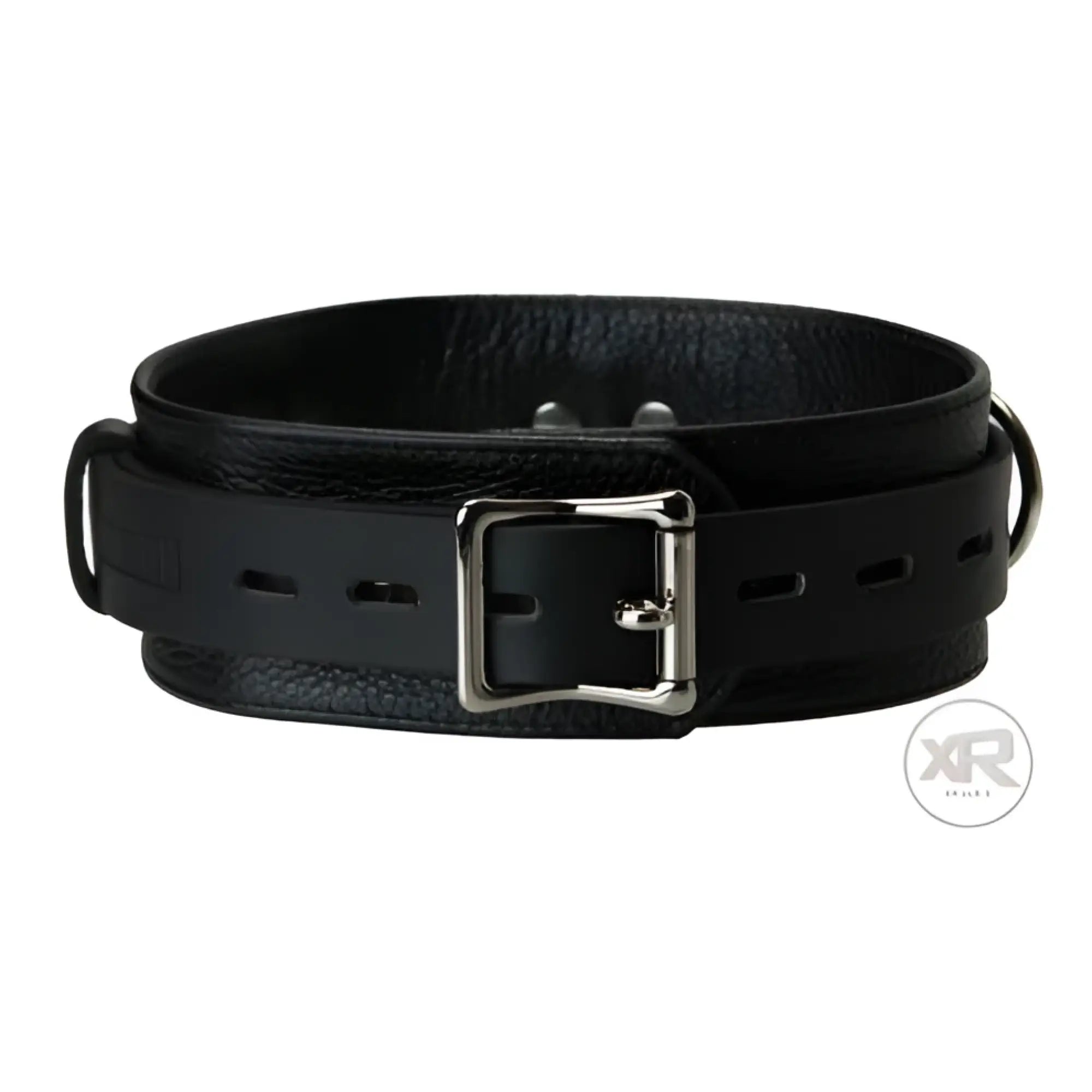 Strict Leather Sick Puppy black leather collar with a silver buckle, textured finish, and adjustable strap.