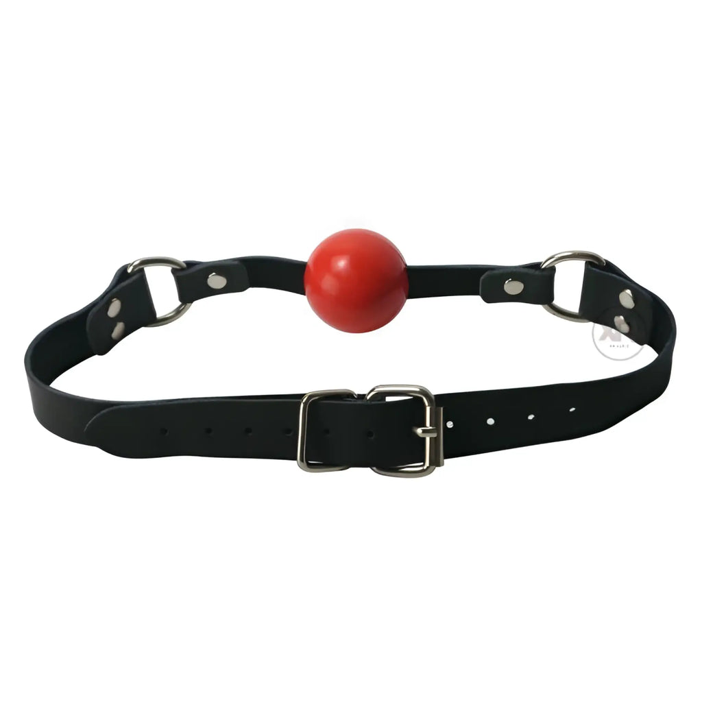Strict Leather silicone ball gag with a bright red ball and adjustable black leather straps with silver buckles.