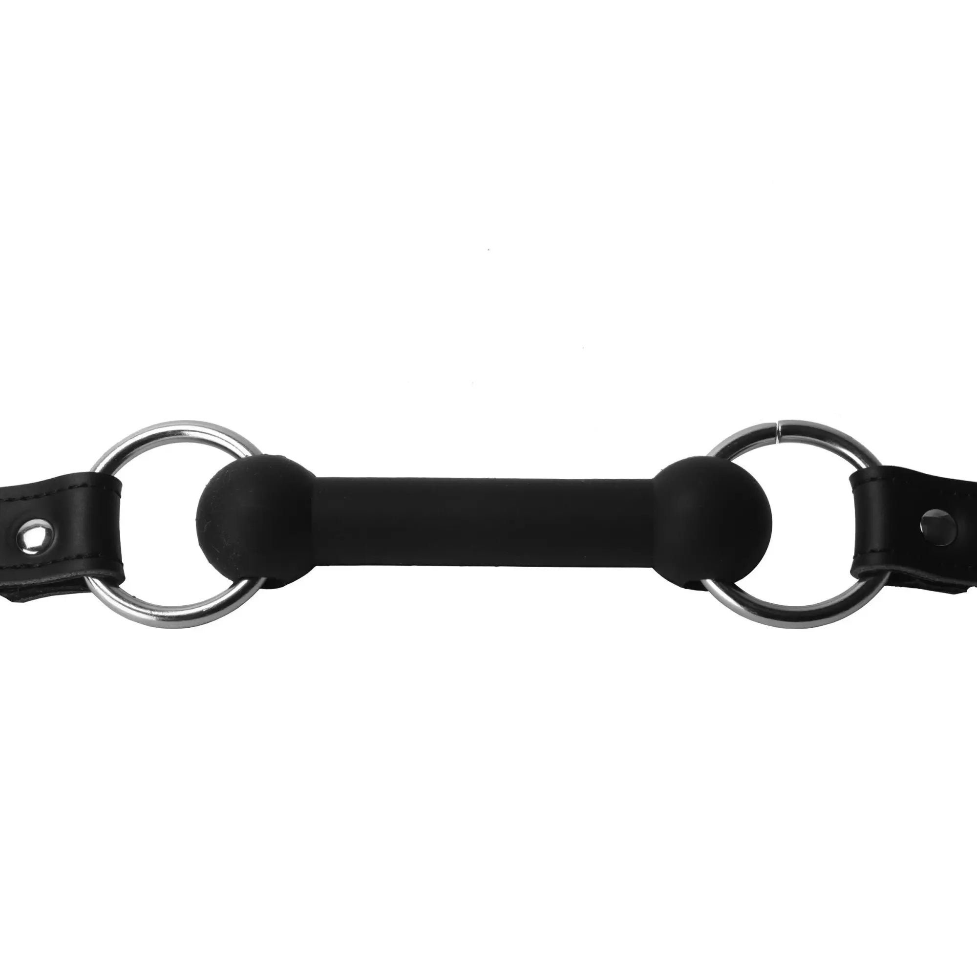 Strict Leather Silicone Bit Gag featuring a black silicone mouth bar, silver metal rings, and black leather straps.