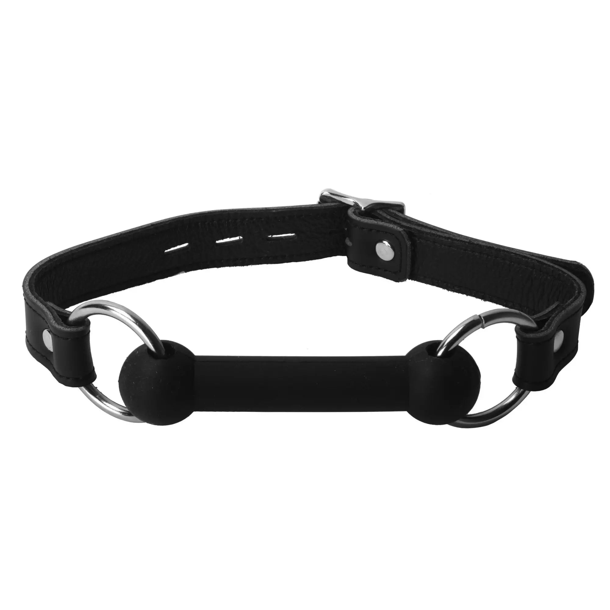 Strict Leather Silicone Bit Gag: A black leather buckle collar connected to a black silicone mouth bar via silver rings.