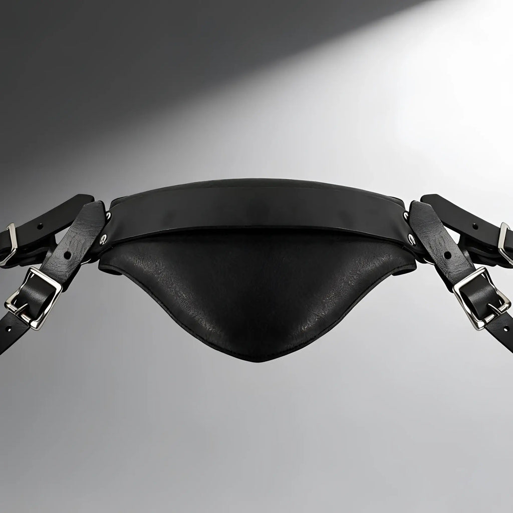 Strict Leather sling and stirrups: a black, contoured leather support piece with adjustable silver-buckle straps.