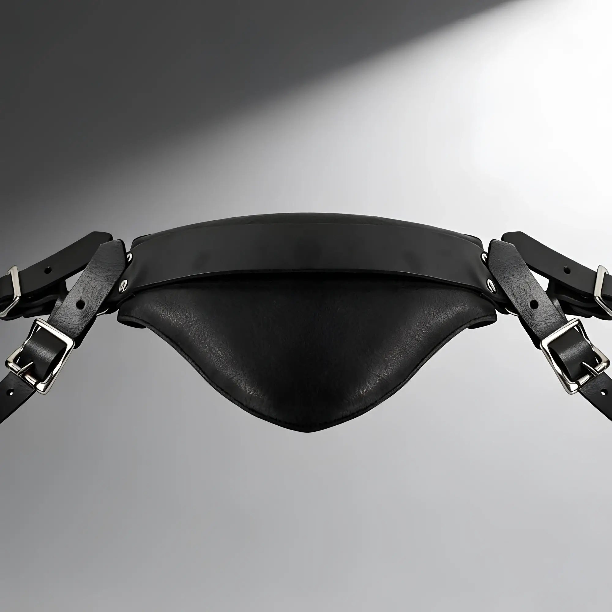 Strict Leather sling and stirrups: a black, contoured leather support piece with adjustable silver-buckle straps.