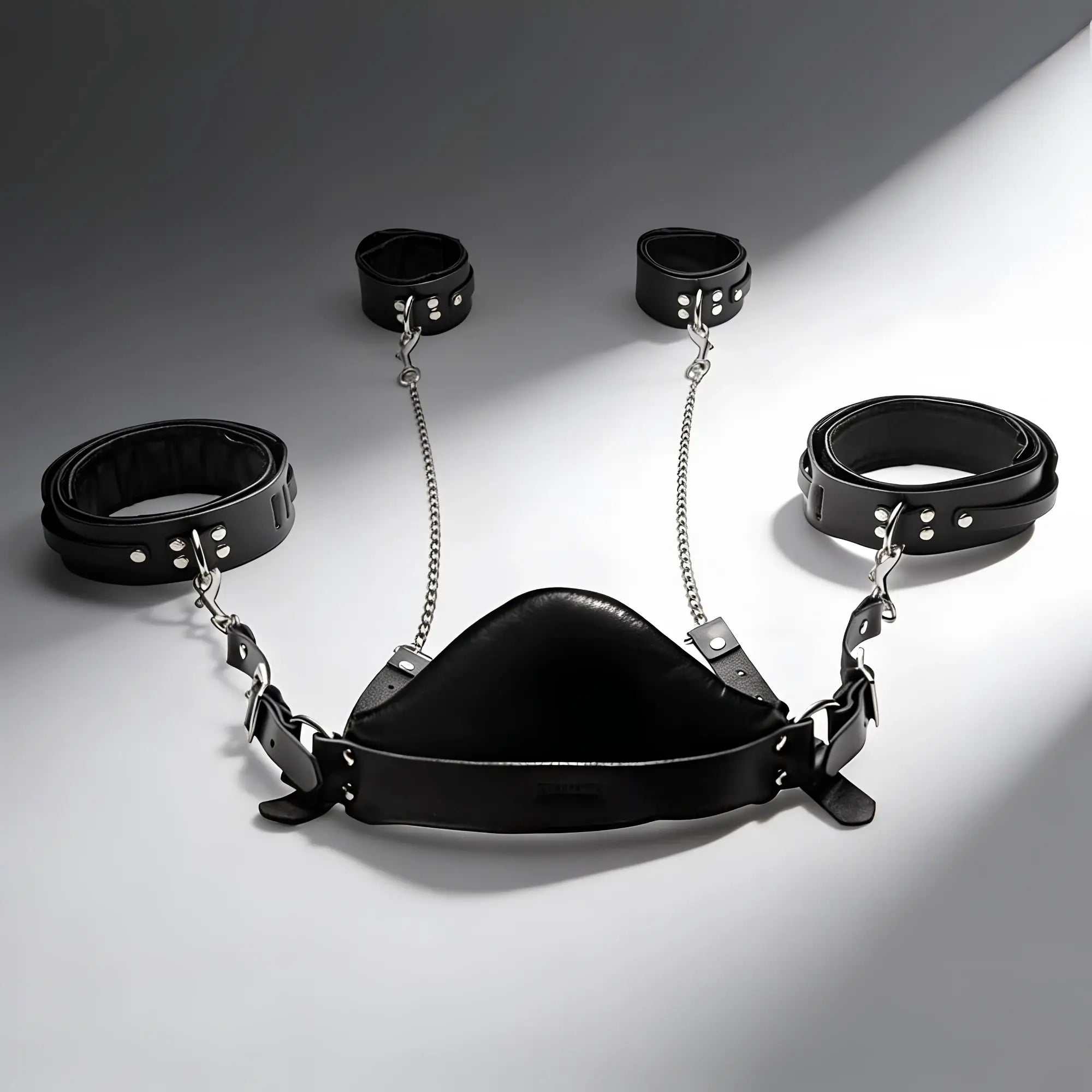 Strict Leather sling and stirrups: Black leather restraint set with silver chains, cuffs, and central support piece.