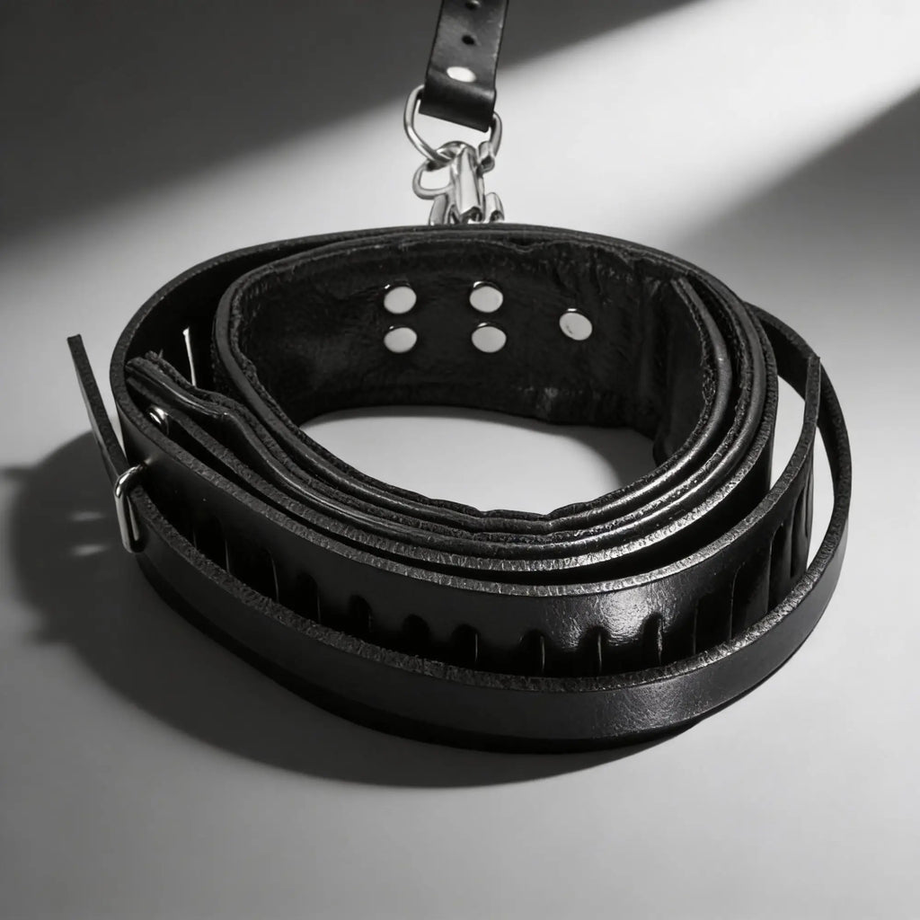 Strict Leather sling and stirrups: a black padded leather strap with silver rivets and hardware on a grey background.
