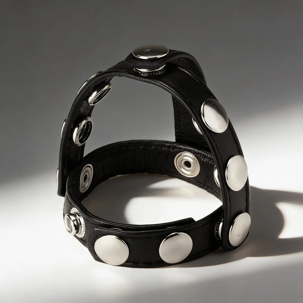 Strict Leather black leather cock and ball harness with silver-tone snap button studs on a studio background.
