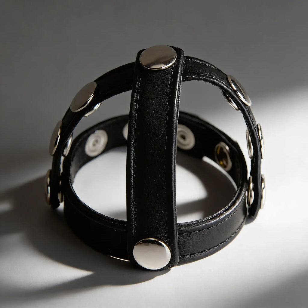 Strict Leather cock and ball harness in black leather with silver snap buttons, featuring a circular, adjustable design.