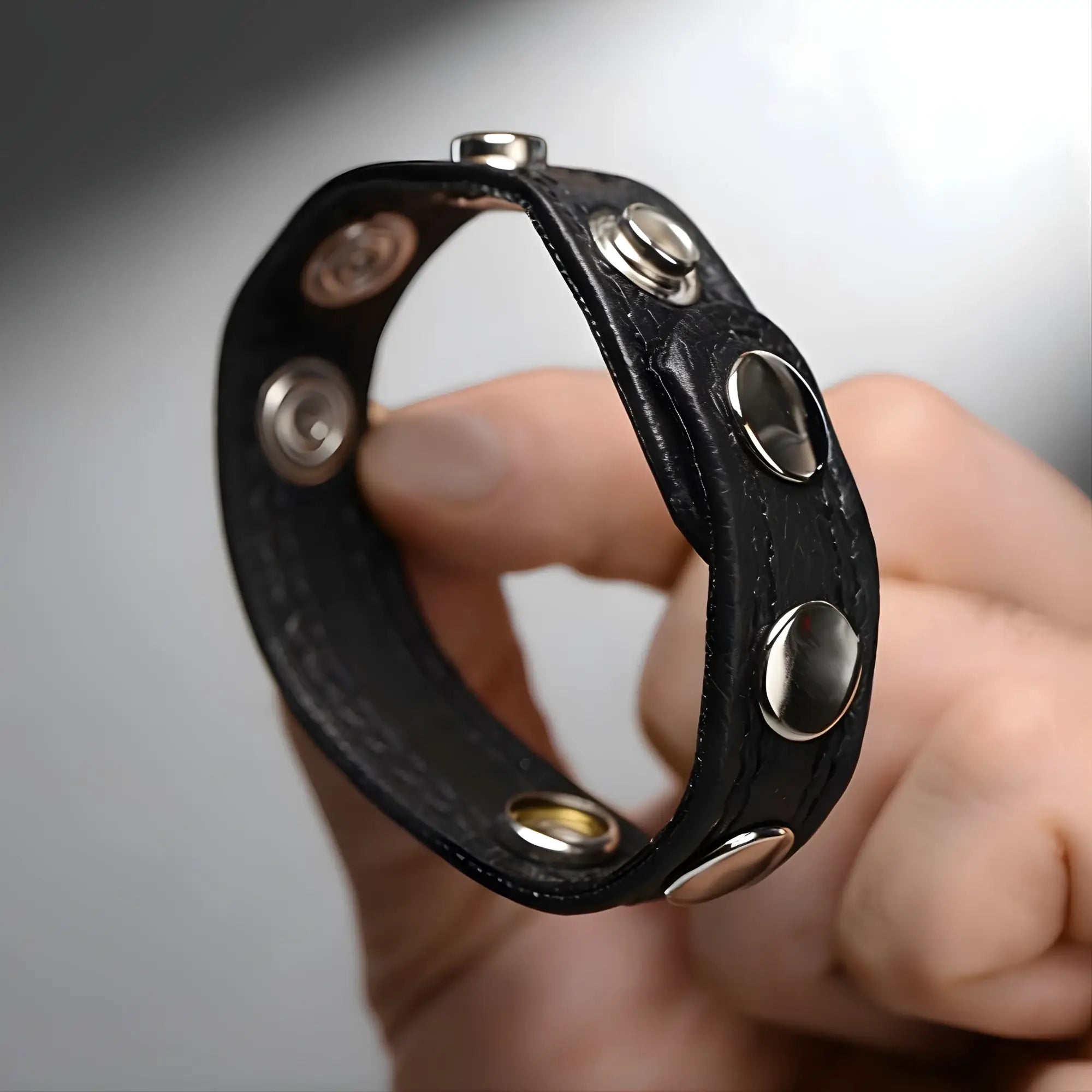 Black leather cock ring with multiple silver snap closures, held by a hand.