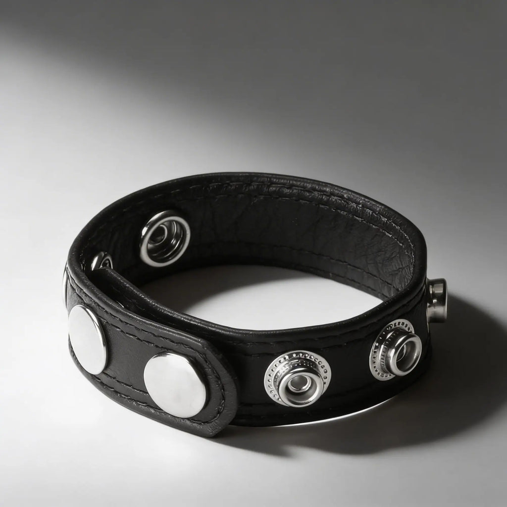 Black leather cock ring with silver speed snaps and rivets.