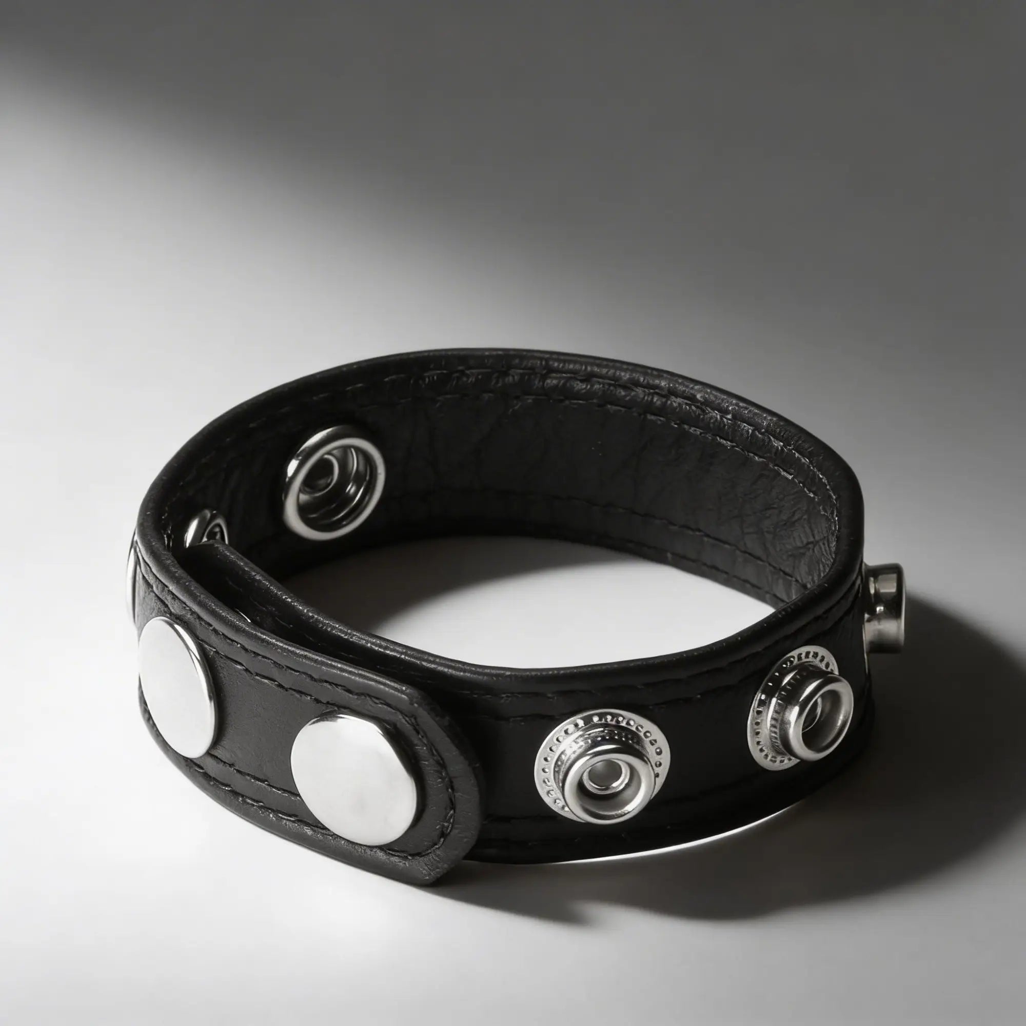 Black leather cock ring with silver speed snaps and rivets.