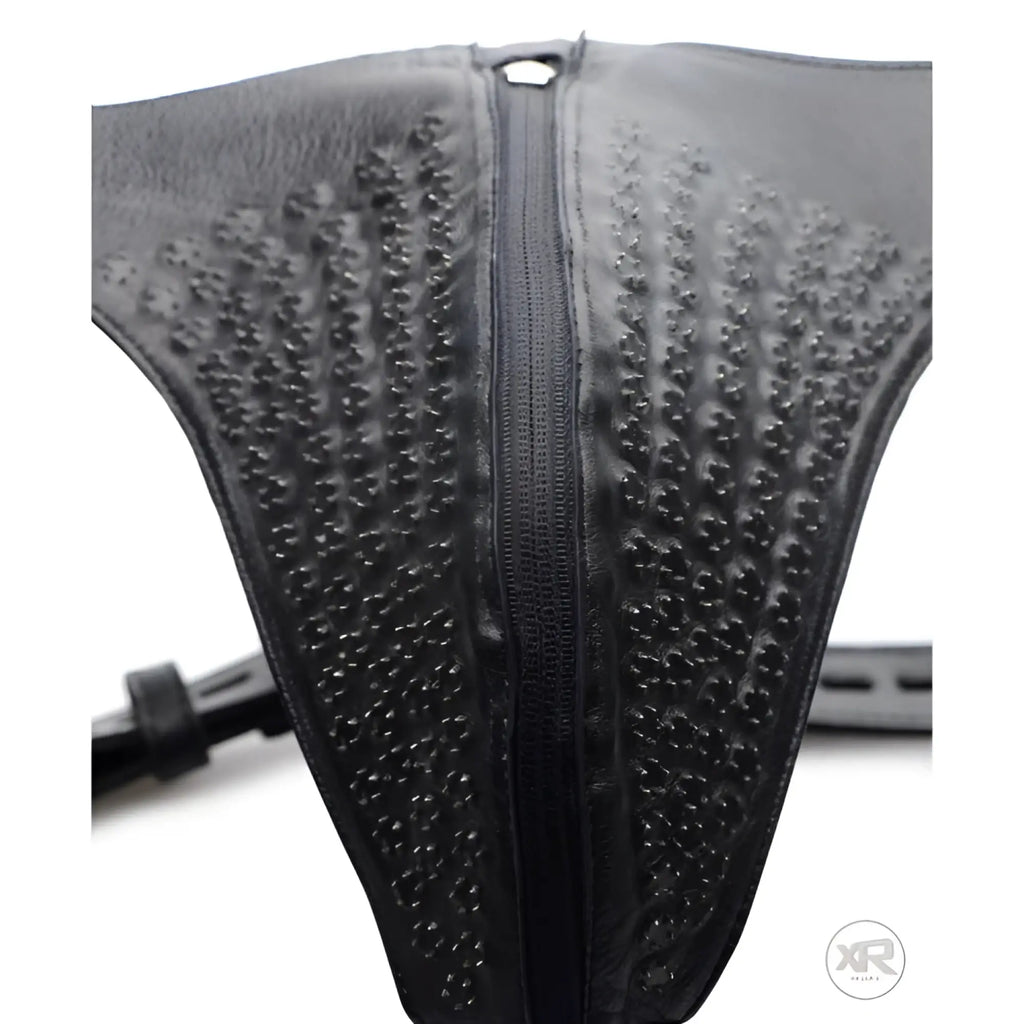 Strict Leather Spiked Confinement Jockstrap: black leather with textured spikes and a central vertical zippered front.
