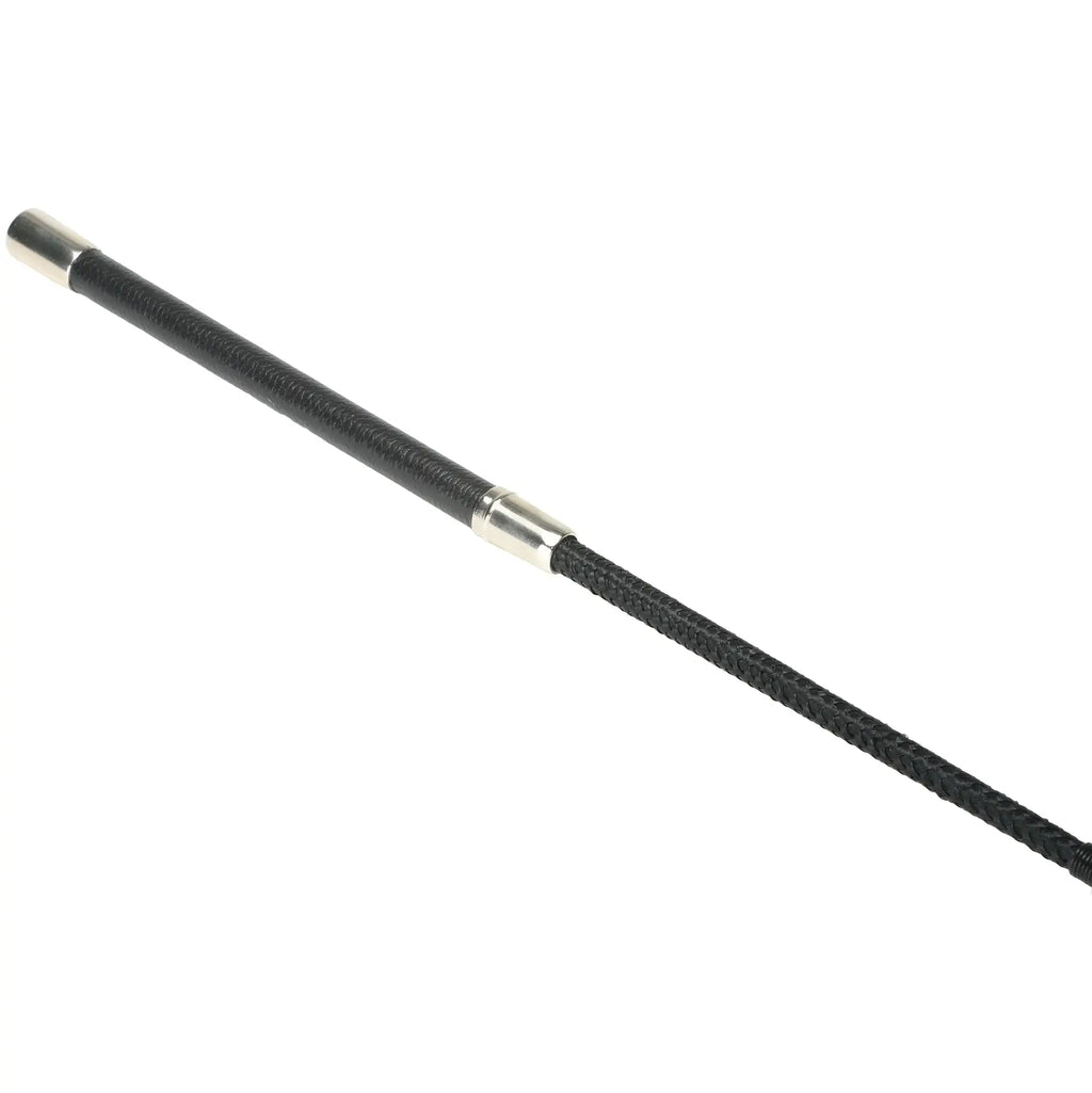 Black braided rope riding crop with silver metal ferrules from Strict Leather split crop collection